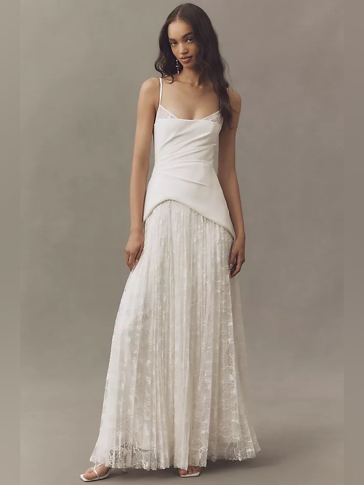 Amur Leighton Ivory Lace Overlay Spaghetti-Strap Gown